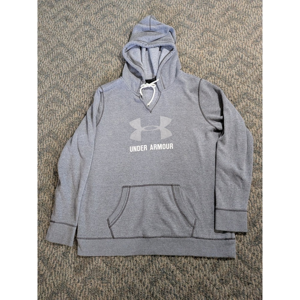 Under Armour Mens Loose Fit Hoodie Gray Logo Fleece Sweatshirt Large